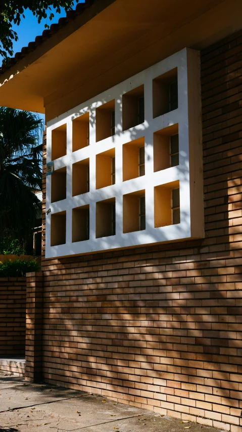 a red fire hydrant sitting in front of a brick building, a digital rendering, inspired by Ricardo Bofill, unsplash, modernism, beautiful sunlight and shadows, modern house in the wood, inter dimensional villa, brown and white color scheme