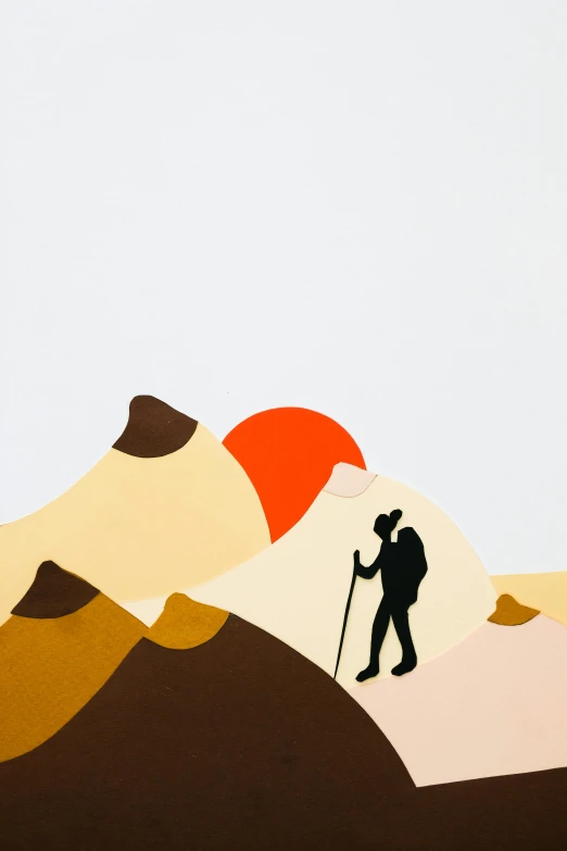 a silhouette of a man standing on top of a mountain, a minimalist painting, paper cutouts of plain colors, hiking cane, 64x64, detail shot