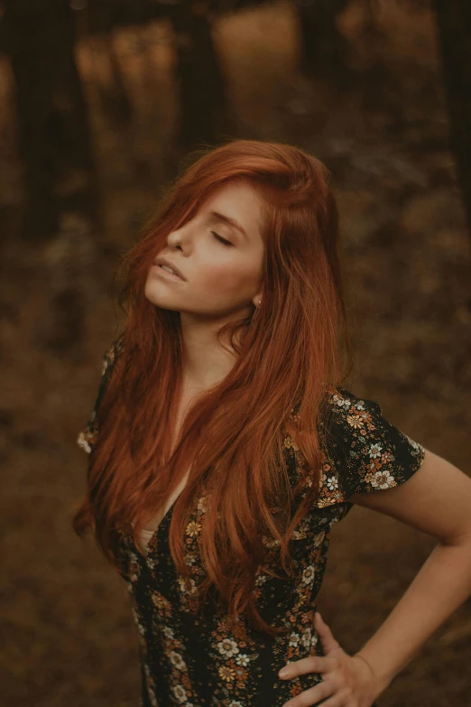 a woman with red hair standing in a forest, an album cover, inspired by Elsa Bleda, pexels contest winner, handsome girl, profile shot, 5 0 0 px models, young southern woman