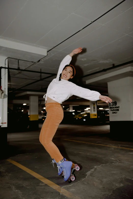 a man flying through the air while riding a skateboard, an album cover, trending on pexels, happening, set inside of parking garage, full body cute young lady, pose(arms up + happy), wenfei ye