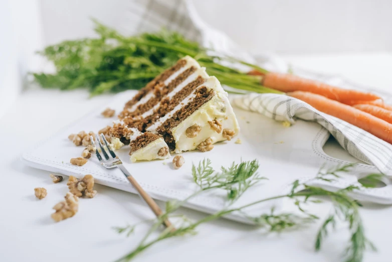 a piece of carrot cake sitting on top of a white plate, trending on pexels, renaissance, greens), 🐿🍸🍋, photoshoot, background image