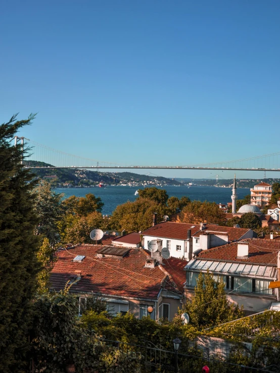 a view of a city with a bridge in the background, istanbul, sunny bay window, slide show, vibrant foliage