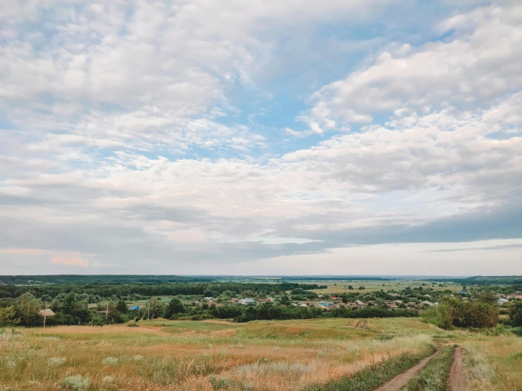 a dirt road in the middle of a field, unsplash, happening, russian villages at background, background image, partly cloudy sky, looking down on the view