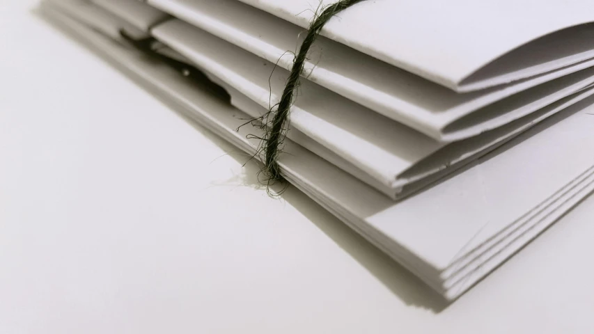 a stack of white paper sitting on top of a table, an album cover, unsplash, private press, strings, moss, folds, white backdrop