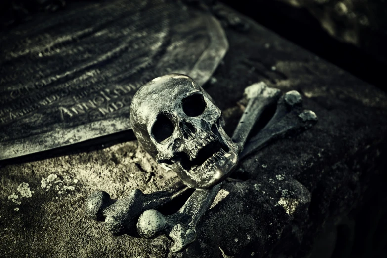 a close up of a skull and a knife on a table, by Adam Marczyński, pexels contest winner, gothic art, rocks and metal, made of bronze, silver, black