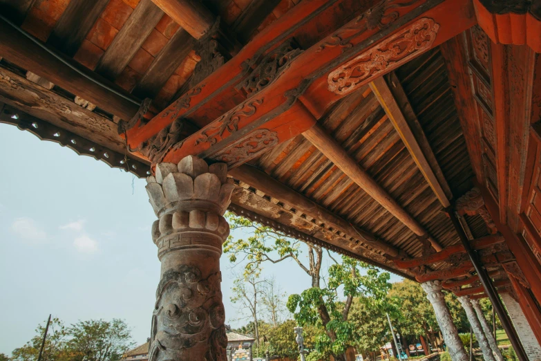 a close up of the roof of a building, by Emma Andijewska, unsplash contest winner, mingei, adorned pillars, old asian village, background image