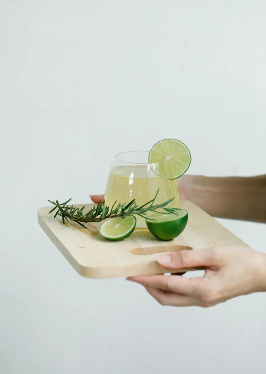 a person holding a tray with a drink and a slice of lime, unsplash, square, on a wooden plate, kirsi salonen, on clear background