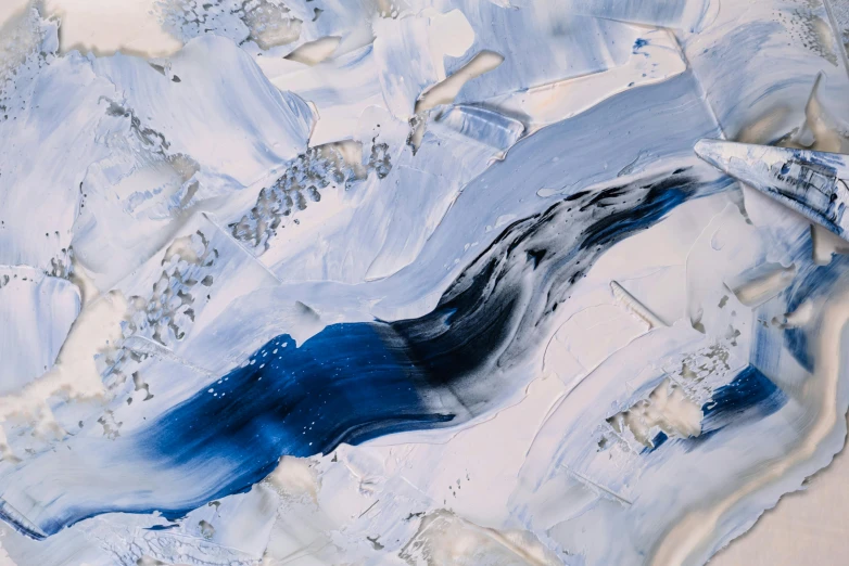 a close up of a painting of a body of water, inspired by Patrick Pietropoli, trending on pexels, blue liquid and snow, plastic and fabric, thumbnail, aerial shot