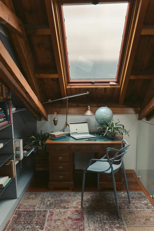 a room with a desk a chair and a window, a digital rendering, unsplash contest winner, in an attic, bay area, skylights, scientific study