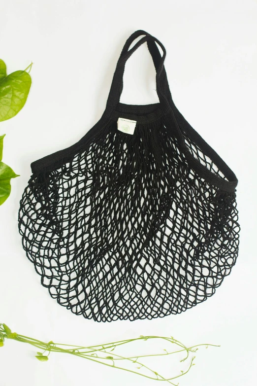 a black net bag sitting next to a plant, black halter top, thumbnail, shops, dark. no text