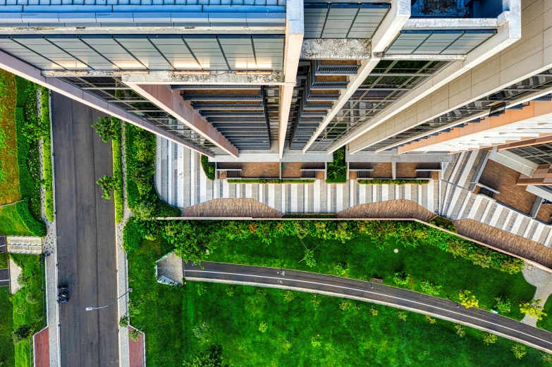 a view from the top of a tall building, inspired by Tadao Ando, unsplash contest winner, ground angle uhd 8 k, green spaces, outdoor staircase, eyelevel perspective image