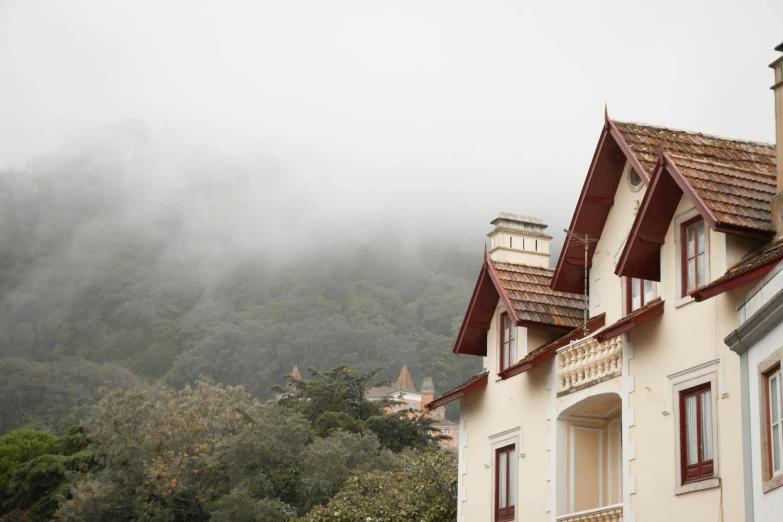 a couple of buildings sitting on the side of a road, inspired by Carlos Francisco Chang Marín, unsplash contest winner, art nouveau, mist in valley, victorian house, chile, view from ground