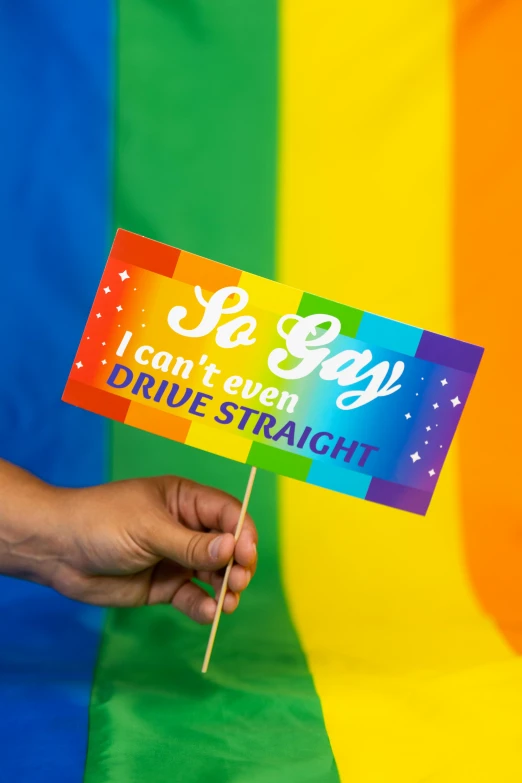 a person holding a sign that says i can't even drive straight, shutterstock, stuckism, lgbt flag, holo sticker, holding wand, official product photo