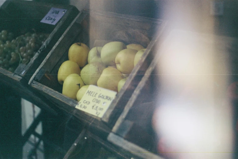 a display case filled with lots of different types of fruit, a polaroid photo, unsplash, yellow apples, stood outside a corner shop, faded color film, still from the film