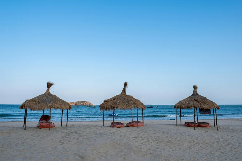 a row of thatched umbrellas sitting on top of a sandy beach, by Julia Pishtar, vietnam, profile image, fan favorite, lying down