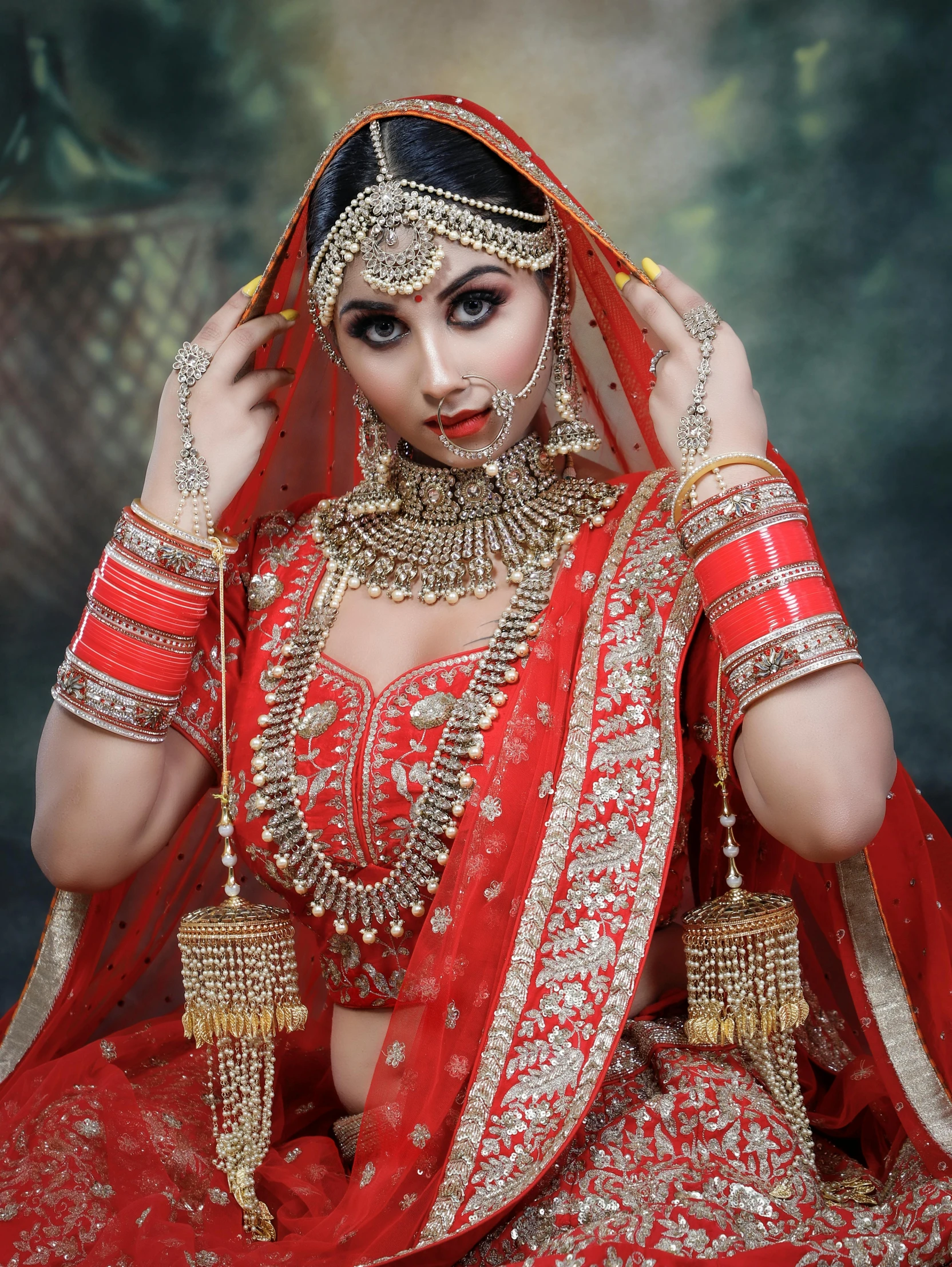 a woman in a red and gold wedding outfit, a portrait, inspired by Raja Ravi Varma, trending on cg society, daz 3d, silver jewellery, 2019 trending photo, gif