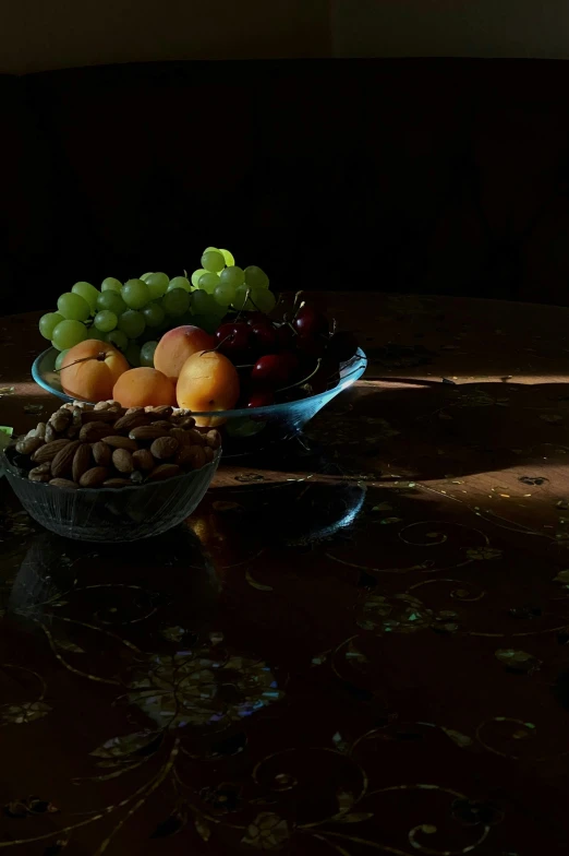 a close up of a bowl of fruit on a table, inspired by Pieter Claesz, polycount, hyperrealism, backlit, ilustration, grape, cinematic shot ar 9:16 -n 6 -g