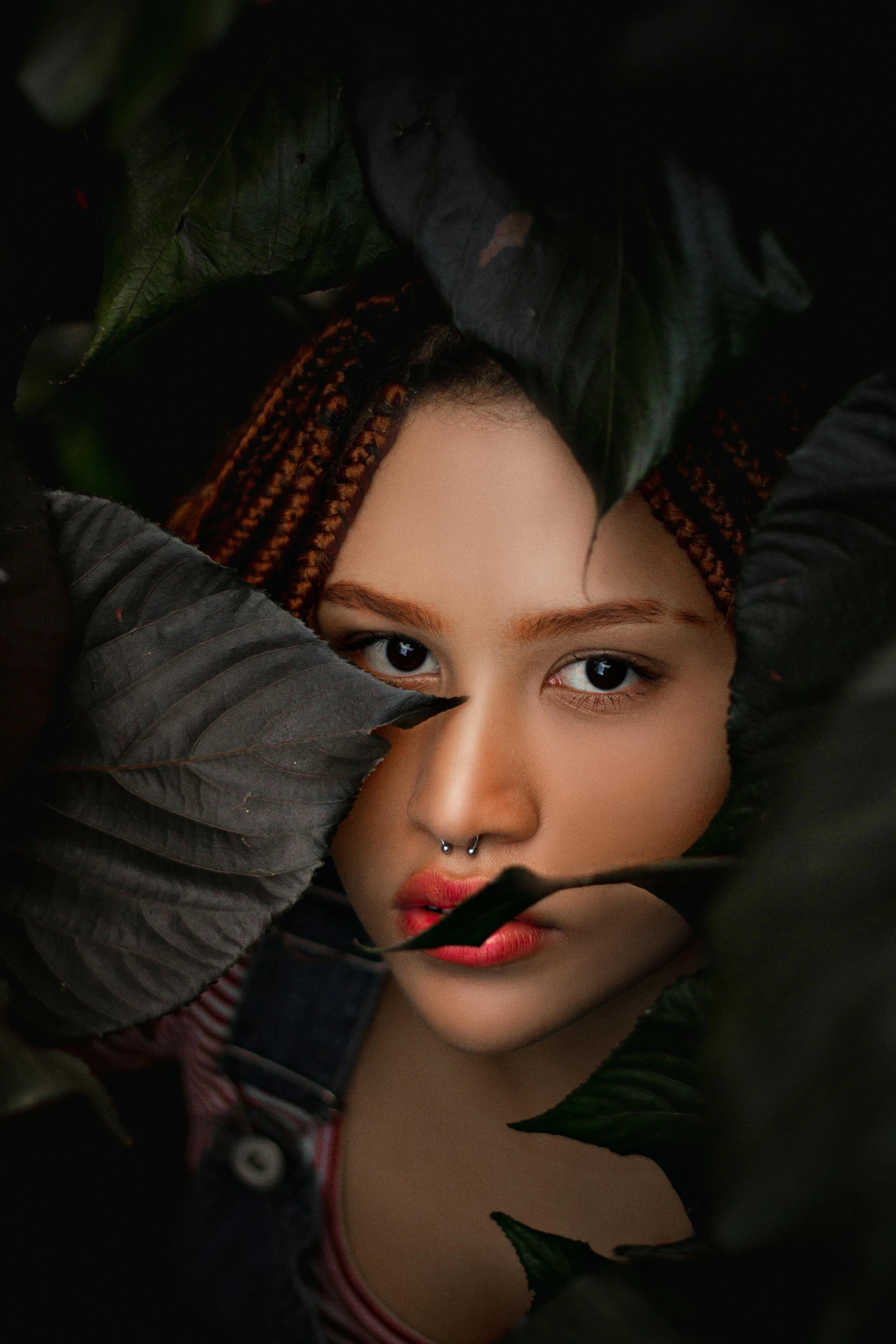 a woman with a flower in her hair, inspired by irakli nadar, pexels contest winner, art photography, thick jungle, avatar image, made of leaves, eyes and lips