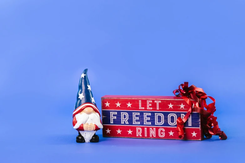 a gnome sitting next to a sign that says let freedom ring, pexels contest winner, pop up parade figure, background image, ring lit, wearing festive clothing