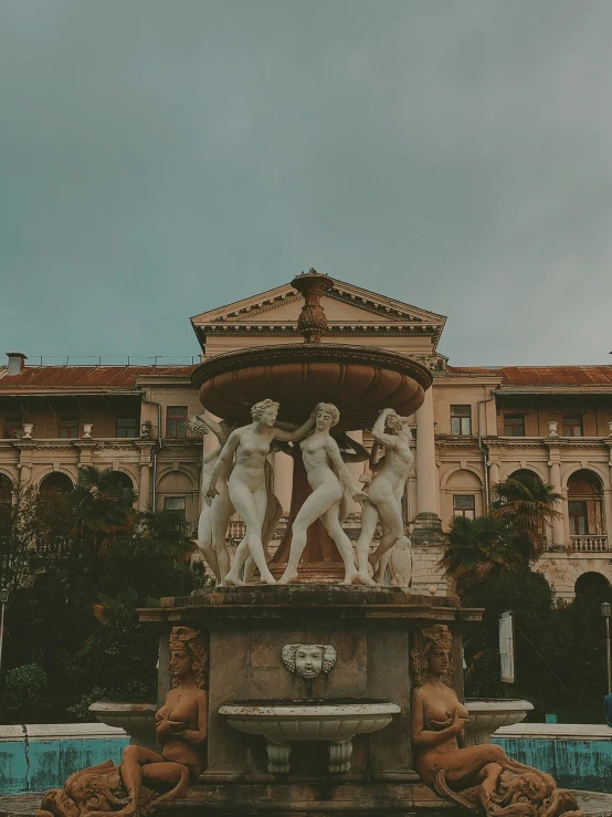 a fountain with statues in front of a building, inspired by Giovanni Battista Innocenzo Colombo, unsplash contest winner, 🤬 🤮 💕 🎀, panorama, alessio albi, palace