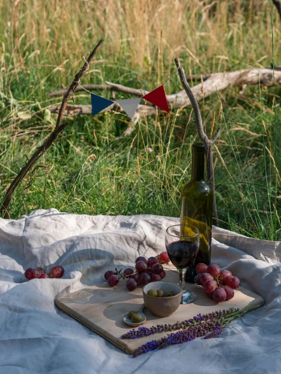 a bottle of wine sitting on top of a wooden cutting board, land art, red pennants, linen, having a snack, entwined in vines and nature