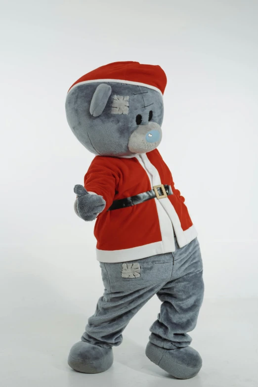 a teddy bear dressed in a santa outfit, a cartoon, grey, press shot, authentic costume, for junior