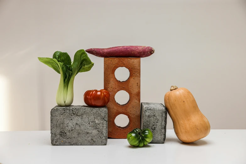 a couple of blocks sitting on top of a table, a still life, inspired by Sarah Lucas, unsplash, concrete art, confident holding vegetables, on clear background, organic mechanical shapes, four-dimensional