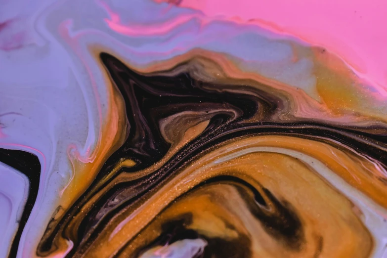 a close up of a liquid painting on a surface, by Lee Loughridge, trending on pexels, brown and pink color scheme, caramel, psychedelic highlights, on a canva