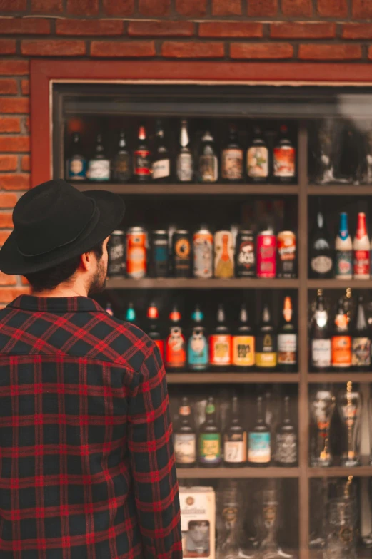 a man standing in front of a shelf filled with bottles, pexels contest winner, hipster dad, facing away, beer, promo image