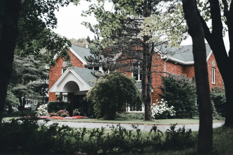 a red brick house surrounded by trees and bushes, instagram picture, majestic forest grove, exterior shot, foresthour