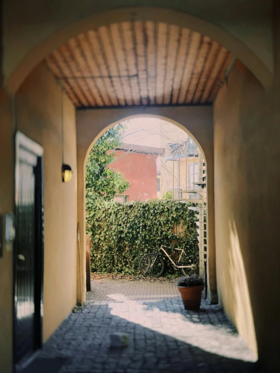 an archway leading to a courtyard with potted plants, a picture, by Jan Tengnagel, unsplash, light and space, soft golden hour lighting, private academy entrance, photo on iphone, overview