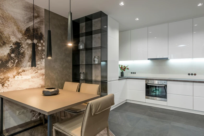 a kitchen with a table and chairs in it, by Adam Marczyński, light and space, accent lighting : : peugot onyx, inside a cozy apartment, thumbnail, professional image