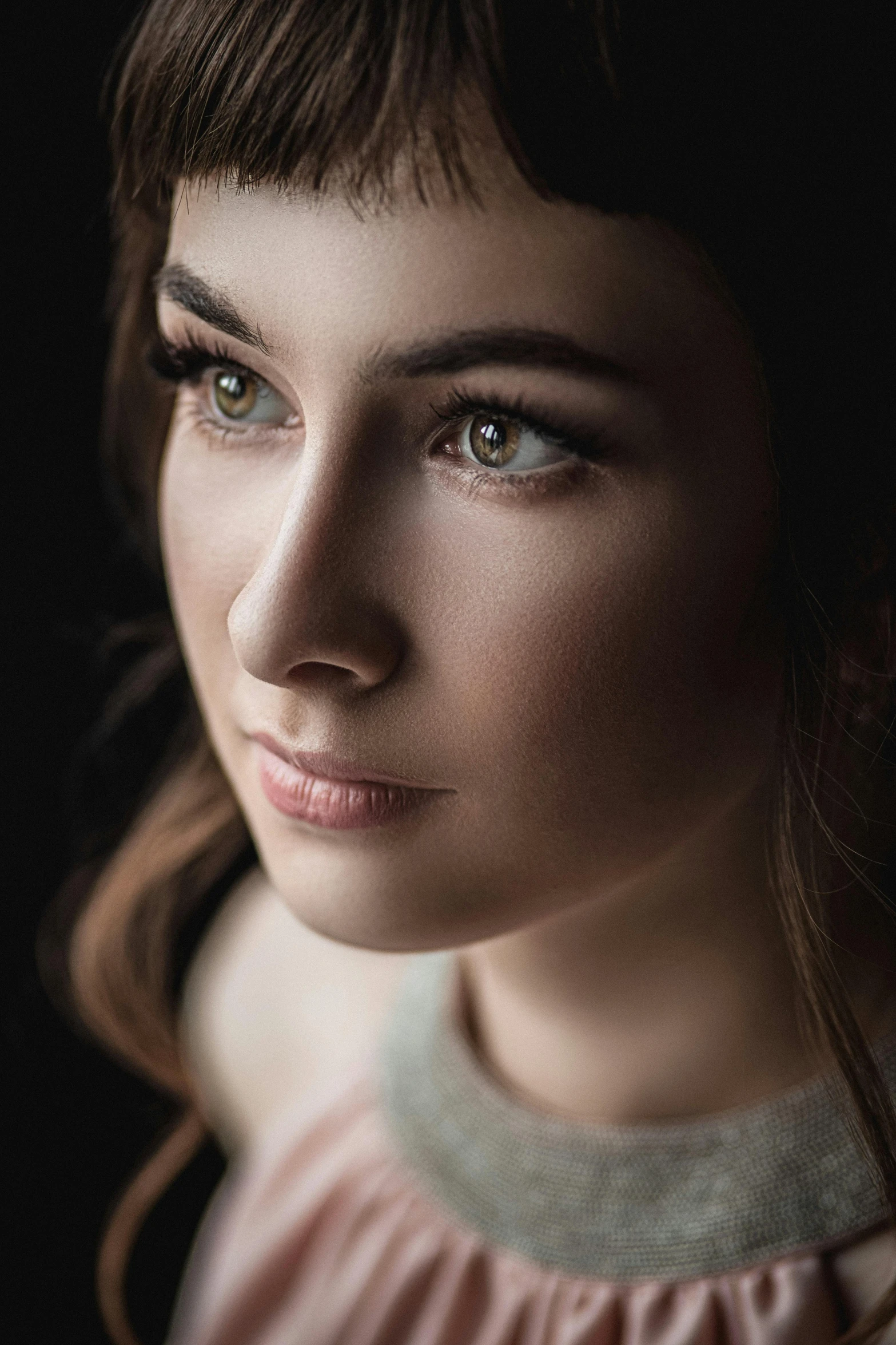 a woman in a pink dress posing for a picture, a character portrait, by irakli nadar, pexels contest winner, hyperrealism, beautiful light big eyes, closeup headshot portrait, brunette woman, portrait of zelda