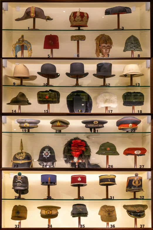 a display case filled with lots of hats, a portrait, by Juergen von Huendeberg, visual art, officers uniform, taken at golden hour, visor, seasonal