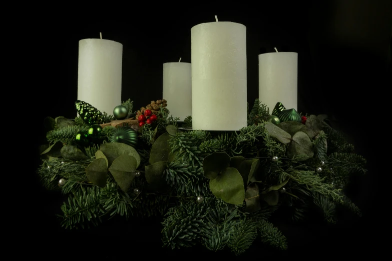 a group of white candles sitting on top of a christmas wreath, inspired by Ernest William Christmas, baroque, with a black background, full front view, realistic », extremely lifelike