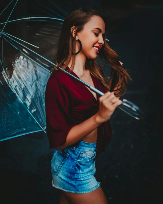 a beautiful young woman holding a clear umbrella, pexels contest winner, wearing jeans, instagram post, grinning lasciviously, cinematic still