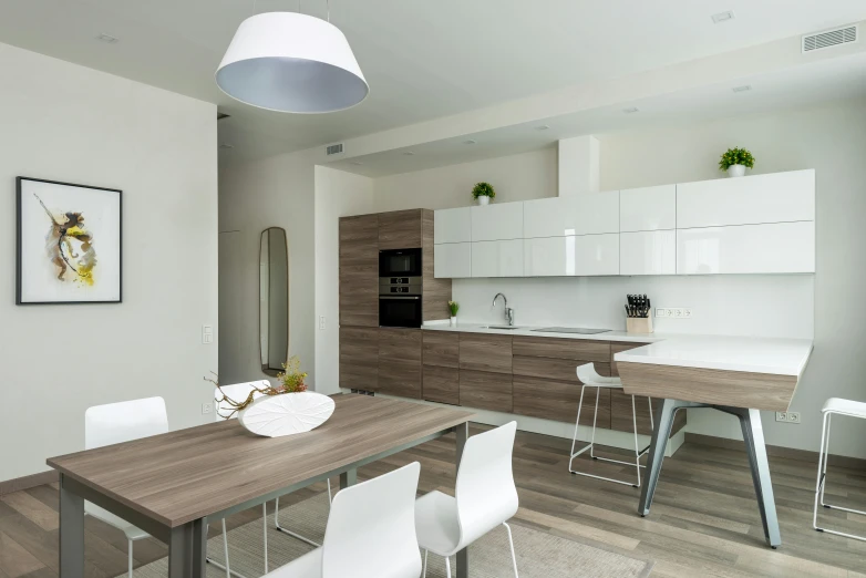 a kitchen with a wooden table and white chairs, inspired by Albert Paris Gütersloh, unsplash, neo kyiv, units, unbeatable quality, multiple stories