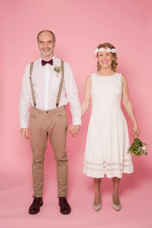 a man and a woman standing next to each other, wearing a cute white dress, genderless, suspenders, lynn skordal