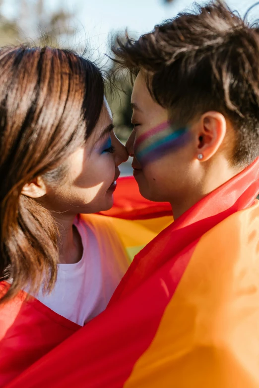 a man kissing a woman wrapped in a rainbow flag, inspired by Okuda Gensō, trending on unsplash, happening, asian women, lesbian, profile image, taiwan