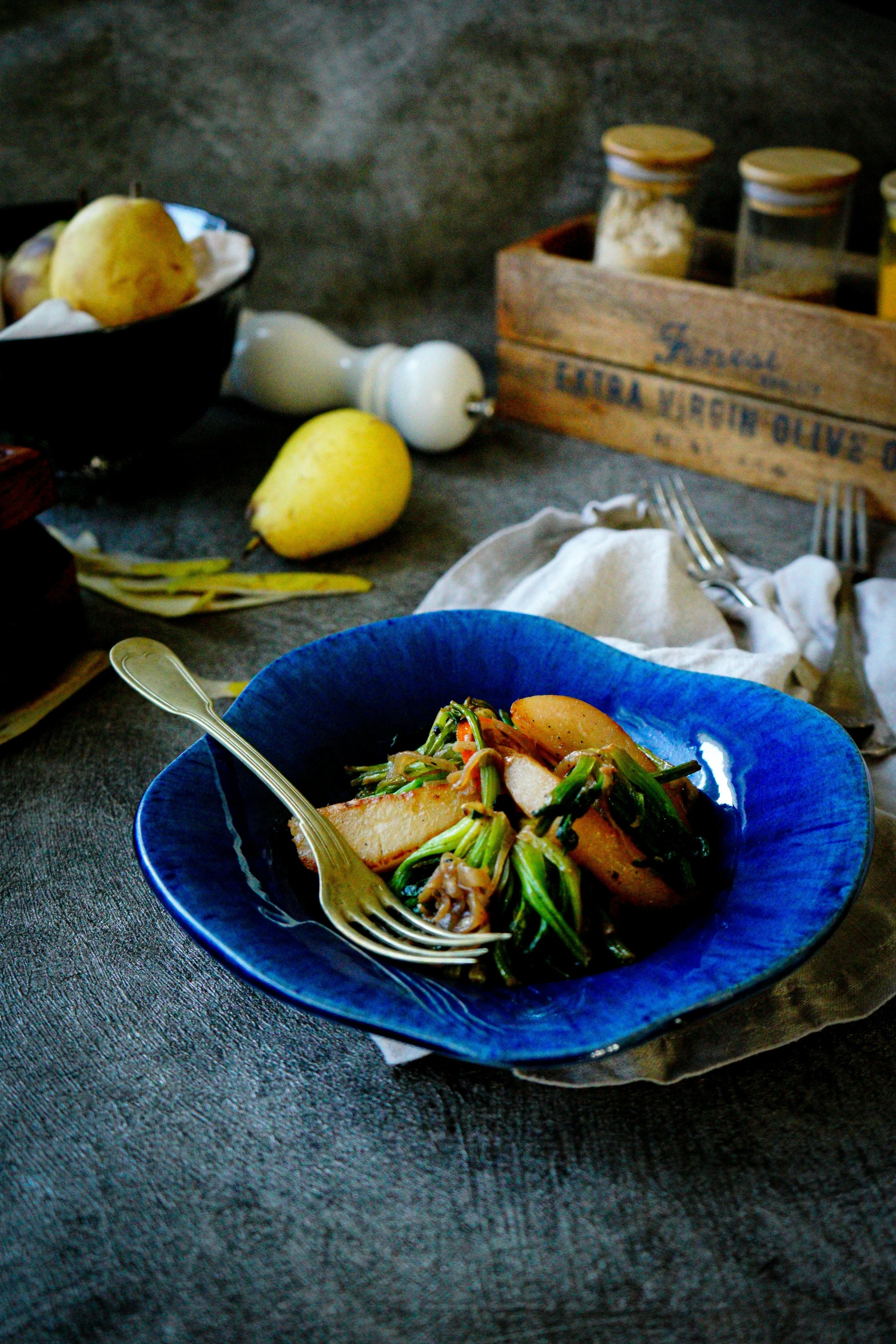 a close up of a plate of food on a table, a still life, inspired by Li Di, unsplash, square, high quality photo, potato, greens and blues