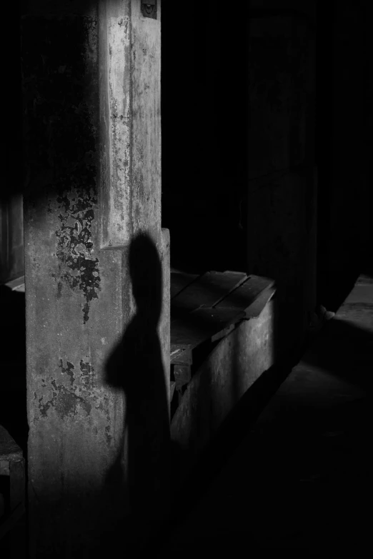 a black and white photo of a person in a dark room, inspired by Roy DeCarava, conceptual art, mysterious temple setting, sun and shadow, faceless people dark, decaying