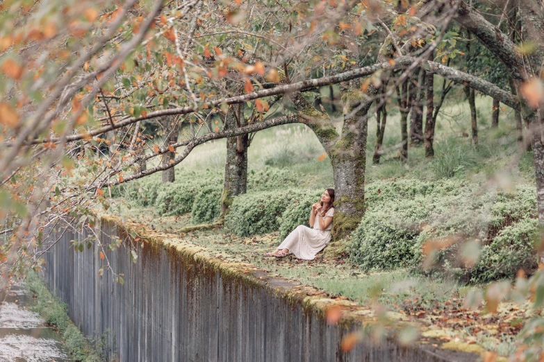 a woman sitting under a tree next to a river, inspired by Frederick McCubbin, unsplash, renaissance, waiting behind a wall, shot on sony a 7 iii, bay area, porcelain skin ”