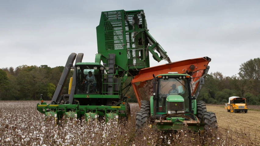 a couple of tractors that are in a field, lots of cotton plants, avatar image, alabama, photographed for reuters