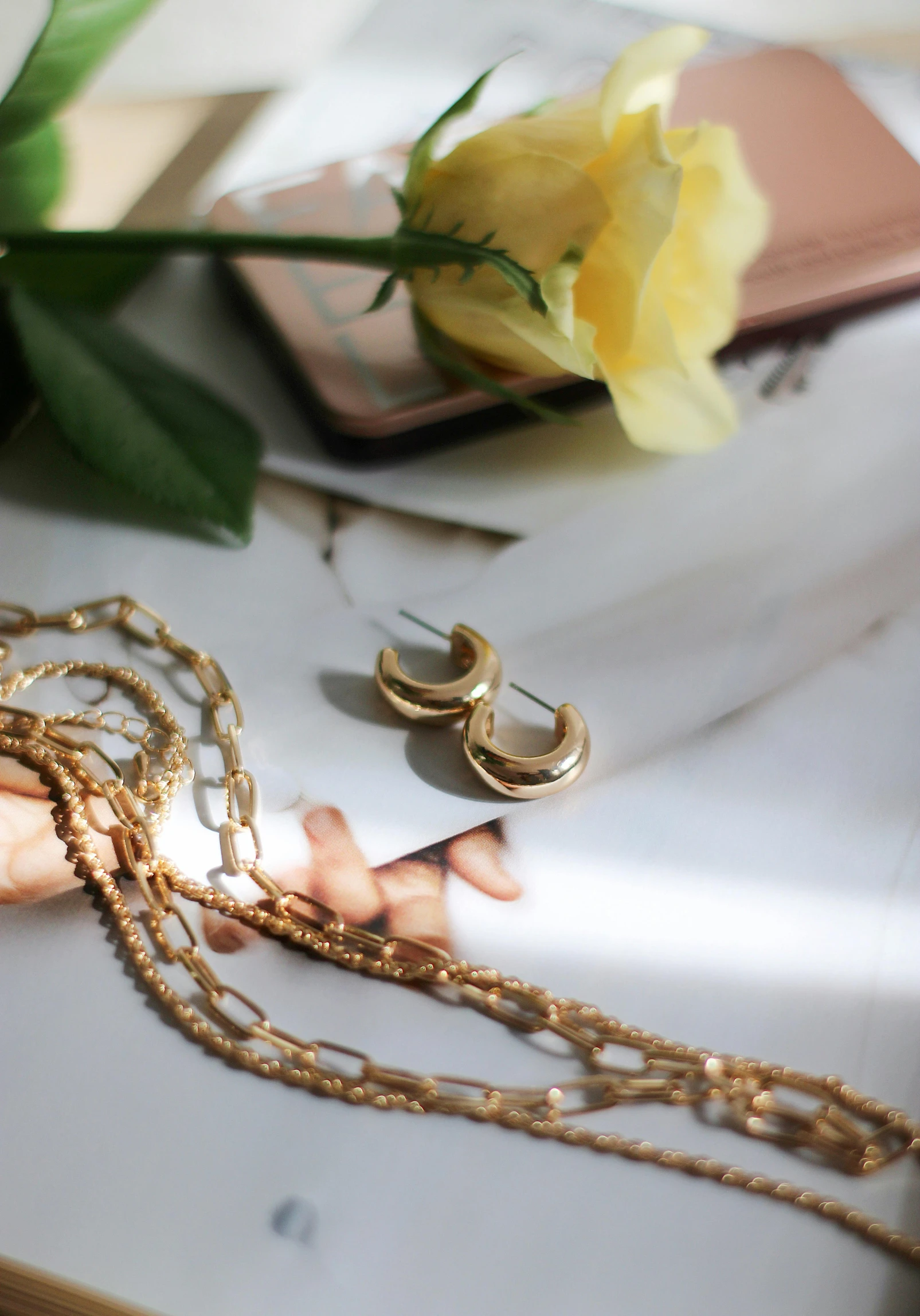 a yellow rose sitting on top of a white table, gold hoop earings, wearing a gold chain, flatlay book collection, a close up shot