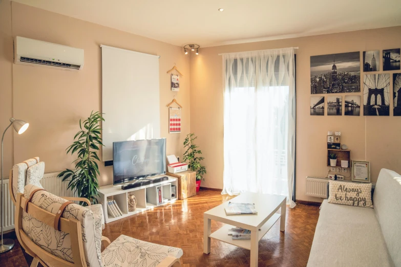 a living room filled with furniture and a flat screen tv, pexels contest winner, light and space, sunny sky, old apartment, natural light outside, single floor