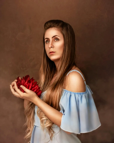 a woman in a blue dress holding a red rose, an album cover, inspired by Annie Leibovitz, pexels contest winner, giant dahlia flower crown head, sad look, color photograph portrait 4k, realistic renaissance portrait