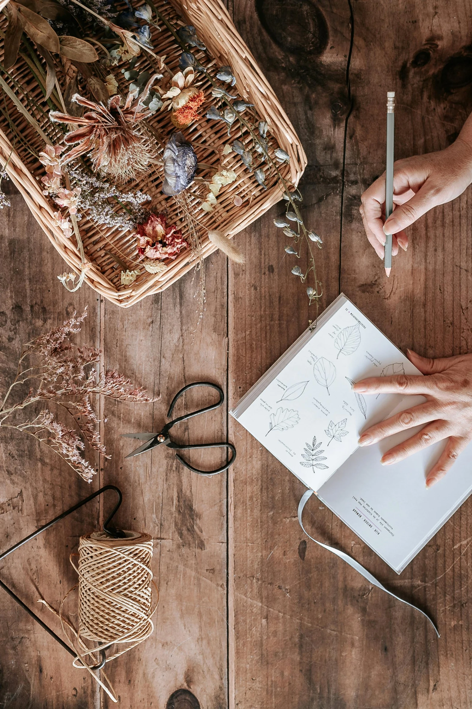 a person sitting at a table writing on a piece of paper, a sketch, inspired by Eden Box, dried flowers, holding notebook, weaving, on a wooden desk