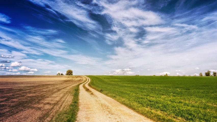 a dirt road in the middle of a green field, by Matthias Stom, shutterstock, multiple stories, blue sky, gravels around, village far away