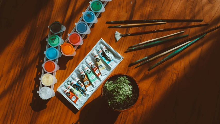 a wooden table topped with lots of paint and brushes, a watercolor painting, by Julia Pishtar, pexels contest winner, indigenous art, taken at golden hour, knolling, r / paintedminis