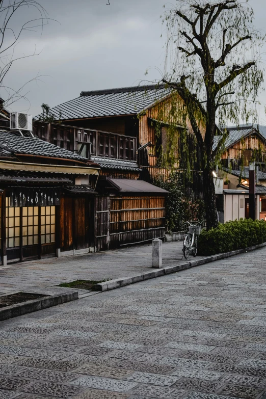 a person riding a bike down a cobblestone street, inspired by Katsukawa Shunsen, trending on unsplash, ukiyo-e, wooden structures, at dusk, empty buildings with vegetation, square